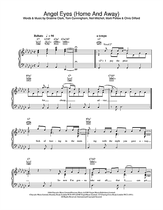 Learn to play Wet Wet Wet Angel Eyes (Home And Away) sheet music for Piano, Vocal & Guitar in minutes. Wet Wet Wet Angel Eyes (Home And Away) sheet music notes and chords. Download Printable PDF.