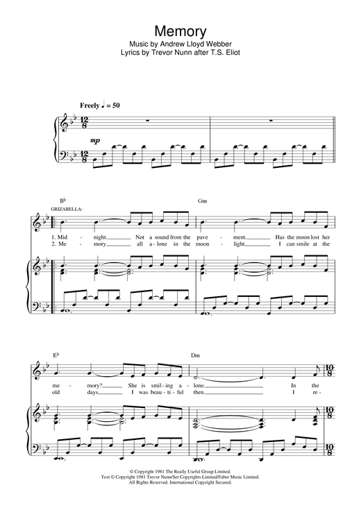 Learn to play Andrew Lloyd Webber Memory (from Cats) sheet music for Piano, Vocal & Guitar (Right-Hand Melody) in minutes. Andrew Lloyd Webber Memory (from Cats) sheet music notes and chords. Download Printable PDF.