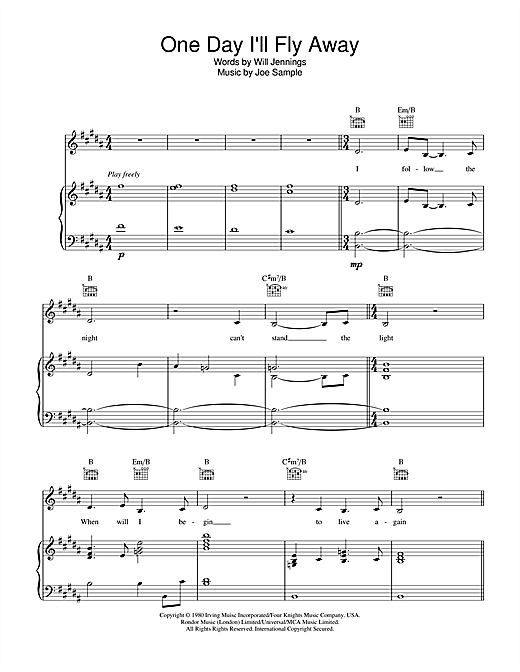 Learn to play Nicole Kidman One Day I'll Fly Away (from Moulin Rouge) sheet music for Piano, Vocal & Guitar (Right-Hand Melody) in minutes. Nicole Kidman One Day I'll Fly Away (from Moulin Rouge) sheet music notes and chords. Download Printable PDF.