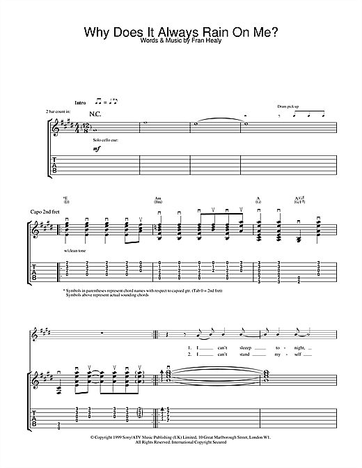 Learn to play Travis Why Does It Always Rain On Me? sheet music for Guitar Tab in minutes. Travis Why Does It Always Rain On Me? sheet music notes and chords. Download Printable PDF.