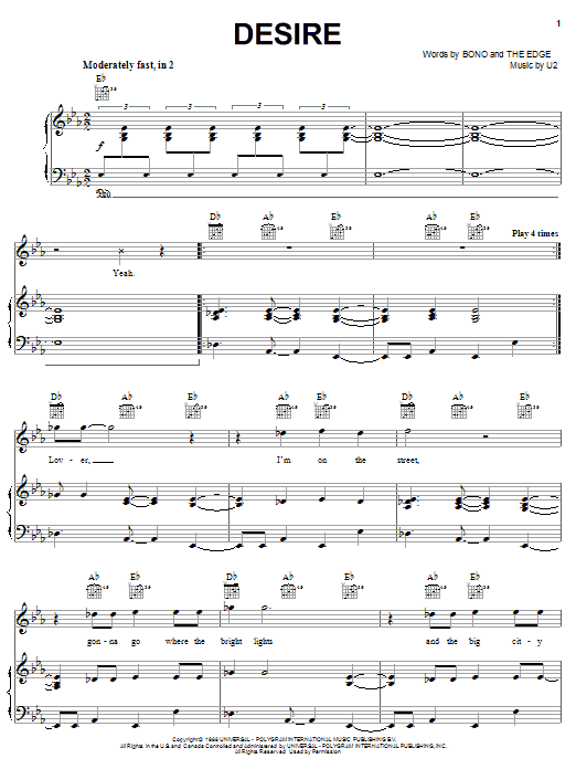 Learn to play U2 Desire sheet music for Piano, Vocal & Guitar (Right-Hand Melody) in minutes. U2 Desire sheet music notes and chords. Download Printable PDF.