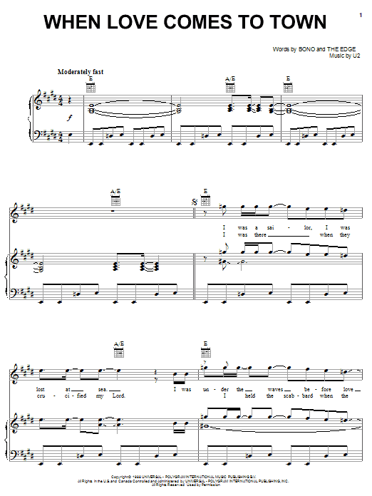 Learn to play U2 When Love Comes To Town sheet music for Piano, Vocal & Guitar (Right-Hand Melody) in minutes. U2 When Love Comes To Town sheet music notes and chords. Download Printable PDF.