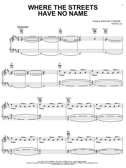 Learn to play U2 Where The Streets Have No Name sheet music for Piano, Vocal & Guitar (Right-Hand Melody) in minutes. U2 Where The Streets Have No Name sheet music notes and chords. Download Printable PDF.