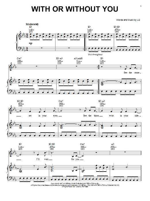 Learn to play U2 With Or Without You sheet music for Piano, Vocal & Guitar (Right-Hand Melody) in minutes. U2 With Or Without You sheet music notes and chords. Download Printable PDF.