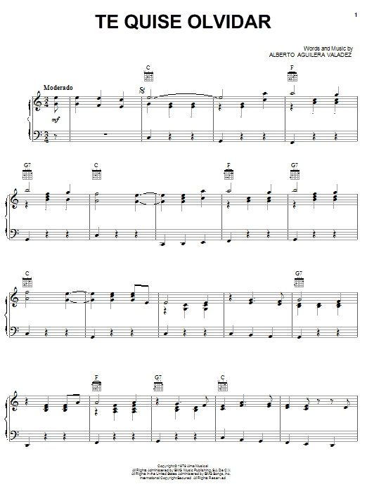 Learn to play Alberto Aguilera Valadez Te Quise Olvidar sheet music for Piano, Vocal & Guitar (Right-Hand Melody) in minutes. Alberto Aguilera Valadez Te Quise Olvidar sheet music notes and chords. Download Printable PDF.