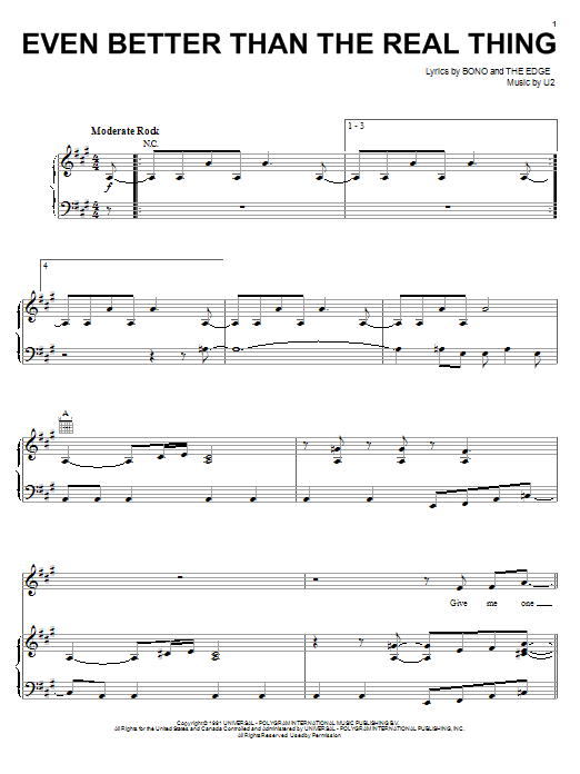 Learn to play U2 Even Better Than The Real Thing sheet music for Piano, Vocal & Guitar (Right-Hand Melody) in minutes. U2 Even Better Than The Real Thing sheet music notes and chords. Download Printable PDF.