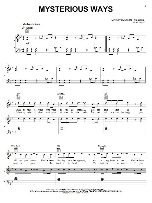 Learn to play U2 Mysterious Ways sheet music for Piano, Vocal & Guitar (Right-Hand Melody) in minutes. U2 Mysterious Ways sheet music notes and chords. Download Printable PDF.