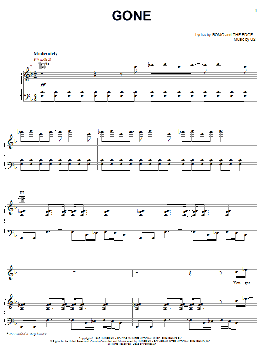 Learn to play U2 Gone sheet music for Piano, Vocal & Guitar (Right-Hand Melody) in minutes. U2 Gone sheet music notes and chords. Download Printable PDF.