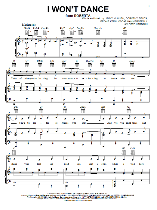 Learn to play Frank Sinatra I Won't Dance sheet music for Piano, Vocal & Guitar (Right-Hand Melody) in minutes. Frank Sinatra I Won't Dance sheet music notes and chords. Download Printable PDF.