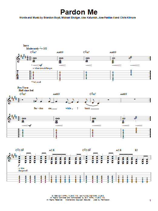 Learn to play Incubus Pardon Me sheet music for Easy Guitar Tab in minutes. Incubus Pardon Me sheet music notes and chords. Download Printable PDF.