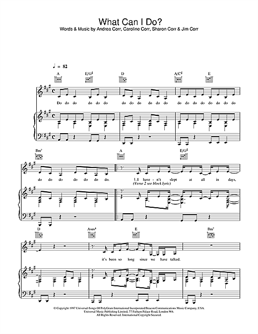 Learn to play The Corrs What Can I Do sheet music for Piano, Vocal & Guitar (Right-Hand Melody) in minutes. The Corrs What Can I Do sheet music notes and chords. Download Printable PDF.