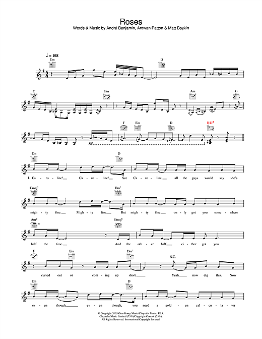 Learn to play OutKast Roses sheet music for Melody Line, Lyrics & Chords in minutes. OutKast Roses sheet music notes and chords. Download Printable PDF.