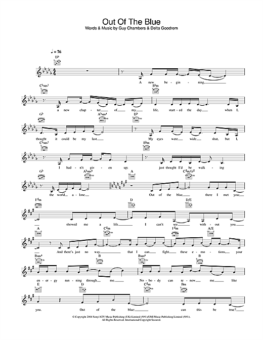 Learn to play Delta Goodrem Out Of The Blue sheet music for Melody Line, Lyrics & Chords in minutes. Delta Goodrem Out Of The Blue sheet music notes and chords. Download Printable PDF.