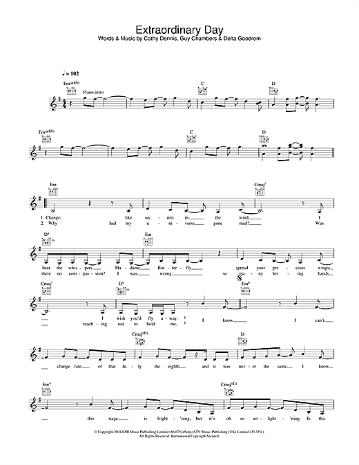 Learn to play Delta Goodrem Extraordinary Day sheet music for Melody Line, Lyrics & Chords in minutes. Delta Goodrem Extraordinary Day sheet music notes and chords. Download Printable PDF.