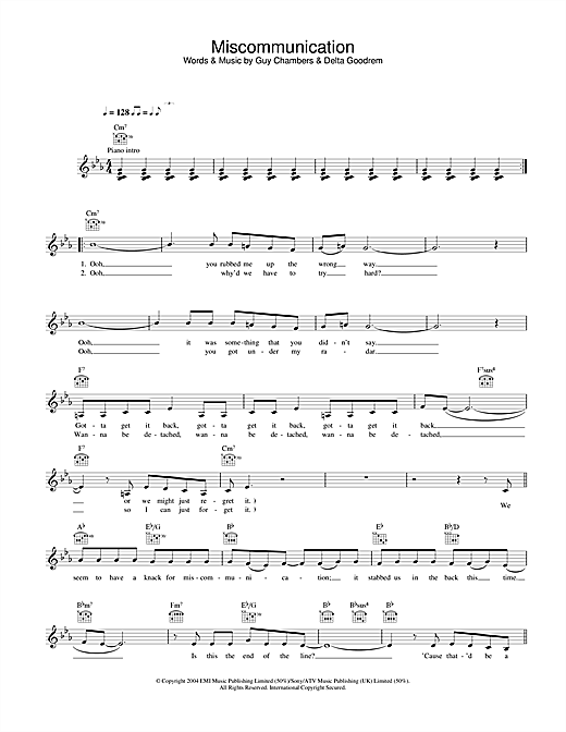 Learn to play Delta Goodrem Miscommunication sheet music for Melody Line, Lyrics & Chords in minutes. Delta Goodrem Miscommunication sheet music notes and chords. Download Printable PDF.