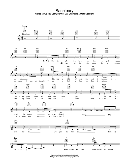Learn to play Delta Goodrem Sanctuary sheet music for Melody Line, Lyrics & Chords in minutes. Delta Goodrem Sanctuary sheet music notes and chords. Download Printable PDF.