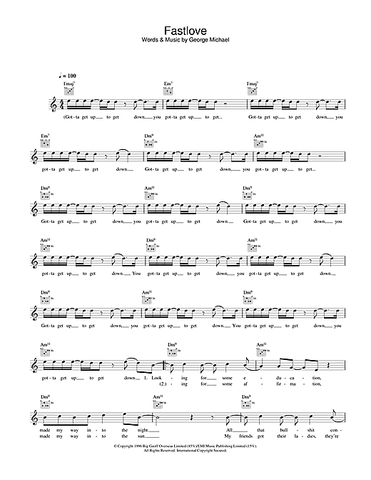 Learn to play George Michael Fastlove sheet music for Melody Line, Lyrics & Chords in minutes. George Michael Fastlove sheet music notes and chords. Download Printable PDF.