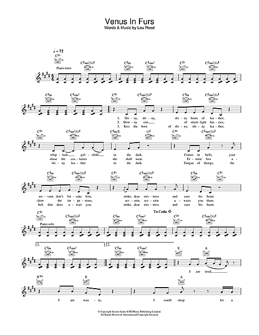 Learn to play The Velvet Underground Venus In Furs sheet music for Melody Line, Lyrics & Chords in minutes. The Velvet Underground Venus In Furs sheet music notes and chords. Download Printable PDF.
