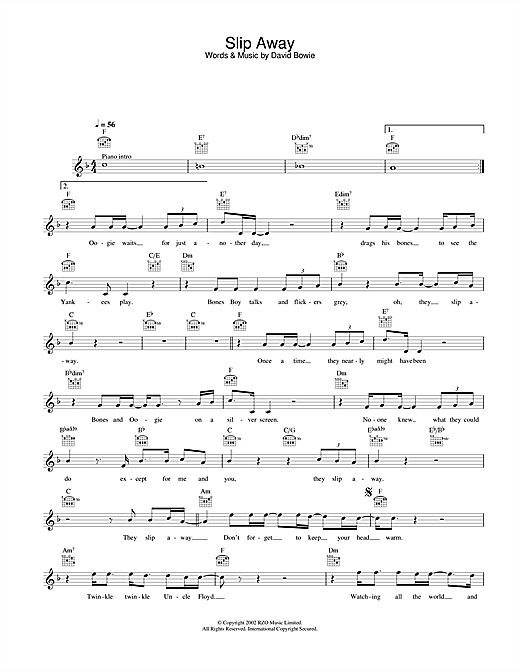 Learn to play David Bowie Slip Away sheet music for Melody Line, Lyrics & Chords in minutes. David Bowie Slip Away sheet music notes and chords. Download Printable PDF.