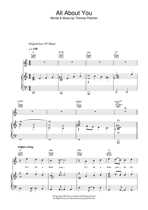 McFly "All About You" Sheet Music Notes, Chords Piano, Vocal & Guitar (RightHand Melody