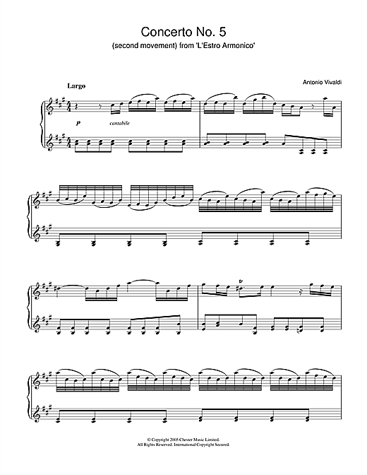 Learn to play Antonio Vivaldi Concerto No.5 (2nd Movement: Largo) from ‘L'Estro Armonico' Op.3 sheet music for Piano in minutes. Antonio Vivaldi Concerto No.5 (2nd Movement: Largo) from ‘L'Estro Armonico' Op.3 sheet music notes and chords. Download Printable PDF.