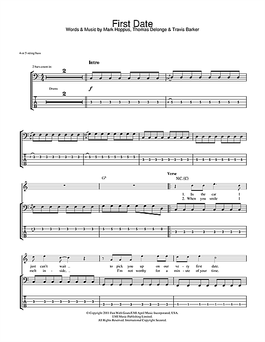 Blink 182 First Date Sheet Music Notes Chords Bass Guitar Tab Download Rock 31986 Pdf