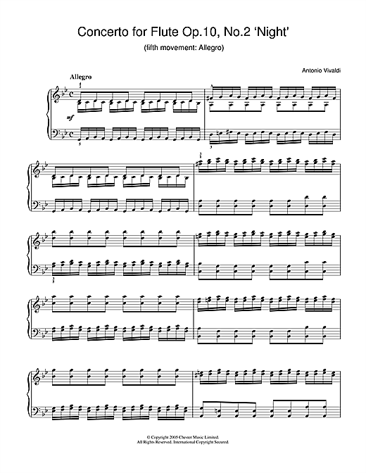 Learn to play Antonio Vivaldi Concerto for Flute Op.10, No.2 ‘Night' (5th Movement: Allegro) sheet music for Piano in minutes. Antonio Vivaldi Concerto for Flute Op.10, No.2 ‘Night' (5th Movement: Allegro) sheet music notes and chords. Download Printable PDF.