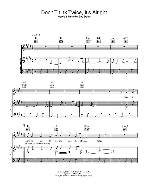 Bob Dylan Don T Think Twice It S Alright Sheet Music Notes Download Printable Pdf Score