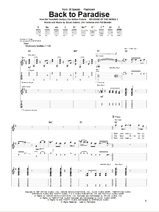 Download 38 Special Back To Paradise Sheet Music and learn how to play Guitar Tab PDF digital score in minutes