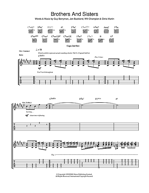 Learn to play Coldplay Brothers And Sisters sheet music for Guitar Tab in minutes. Coldplay Brothers And Sisters sheet music notes and chords. Download Printable PDF.