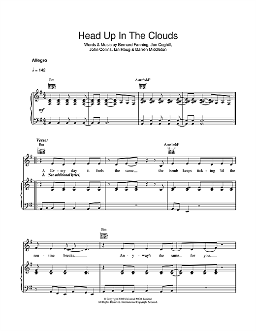 Powderfinger "Head Up In The Clouds" Sheet Music Notes, Chords Piano