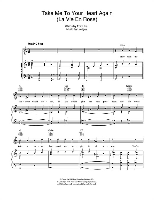 Edith Piaf La Vie En Rose Take Me To Your Heart Again Sheet Music Notes Chords Piano Vocal Guitar Right Hand Melody Download Easy Listening Pdf