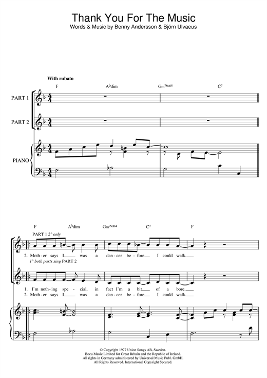 Abba Thank You For The Music Sheet Music Notes Chords 2 Part Choir Download Pop Pdf