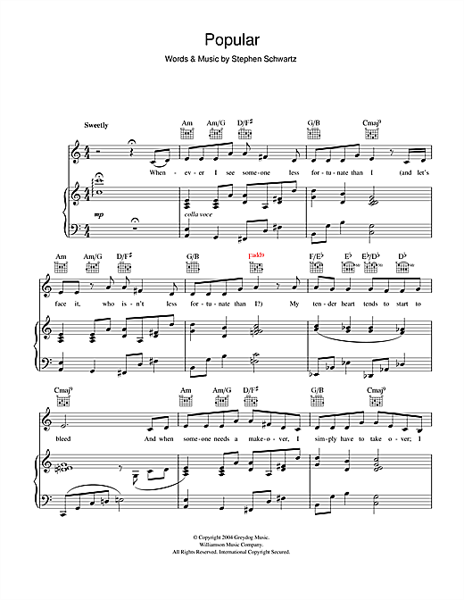 Learn to play Stephen Schwartz Popular (from Wicked) sheet music for Piano, Vocal & Guitar in minutes. Stephen Schwartz Popular (from Wicked) sheet music notes and chords. Download Printable PDF.