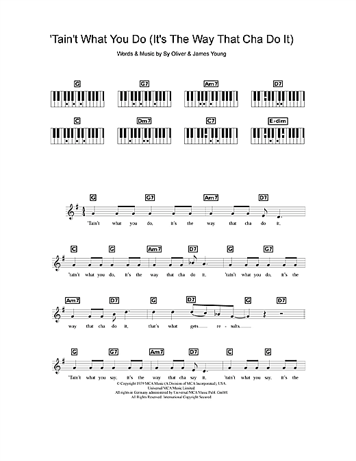Learn to play Ella Fitzgerald 'Tain't What You Do (It's The Way That Cha Do It) sheet music for Keyboard in minutes. Ella Fitzgerald 'Tain't What You Do (It's The Way That Cha Do It) sheet music notes and chords. Download Printable PDF.