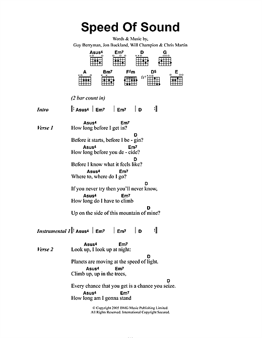 Learn to play Coldplay Speed Of Sound sheet music for Lyrics & Chords in minutes. Coldplay Speed Of Sound sheet music notes and chords. Download Printable PDF.