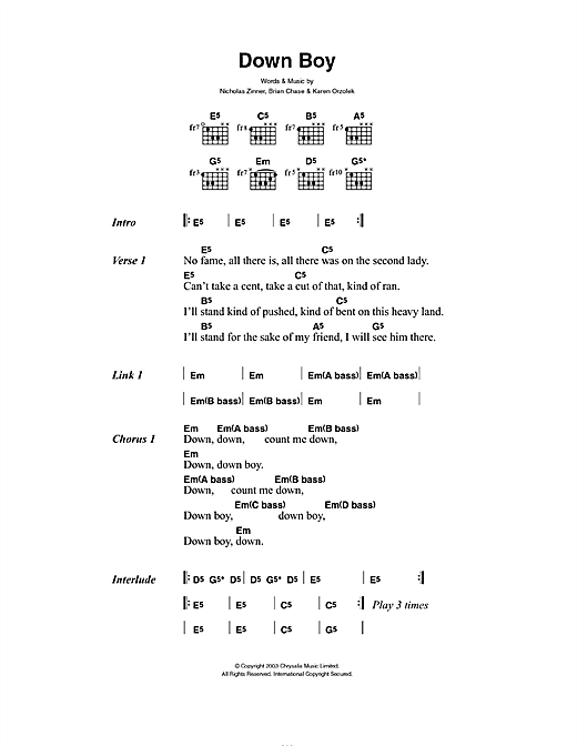 Yeah Yeah Yeahs Down Boy Sheet Music Notes Chords Lyrics Chords Download Rock Pdf