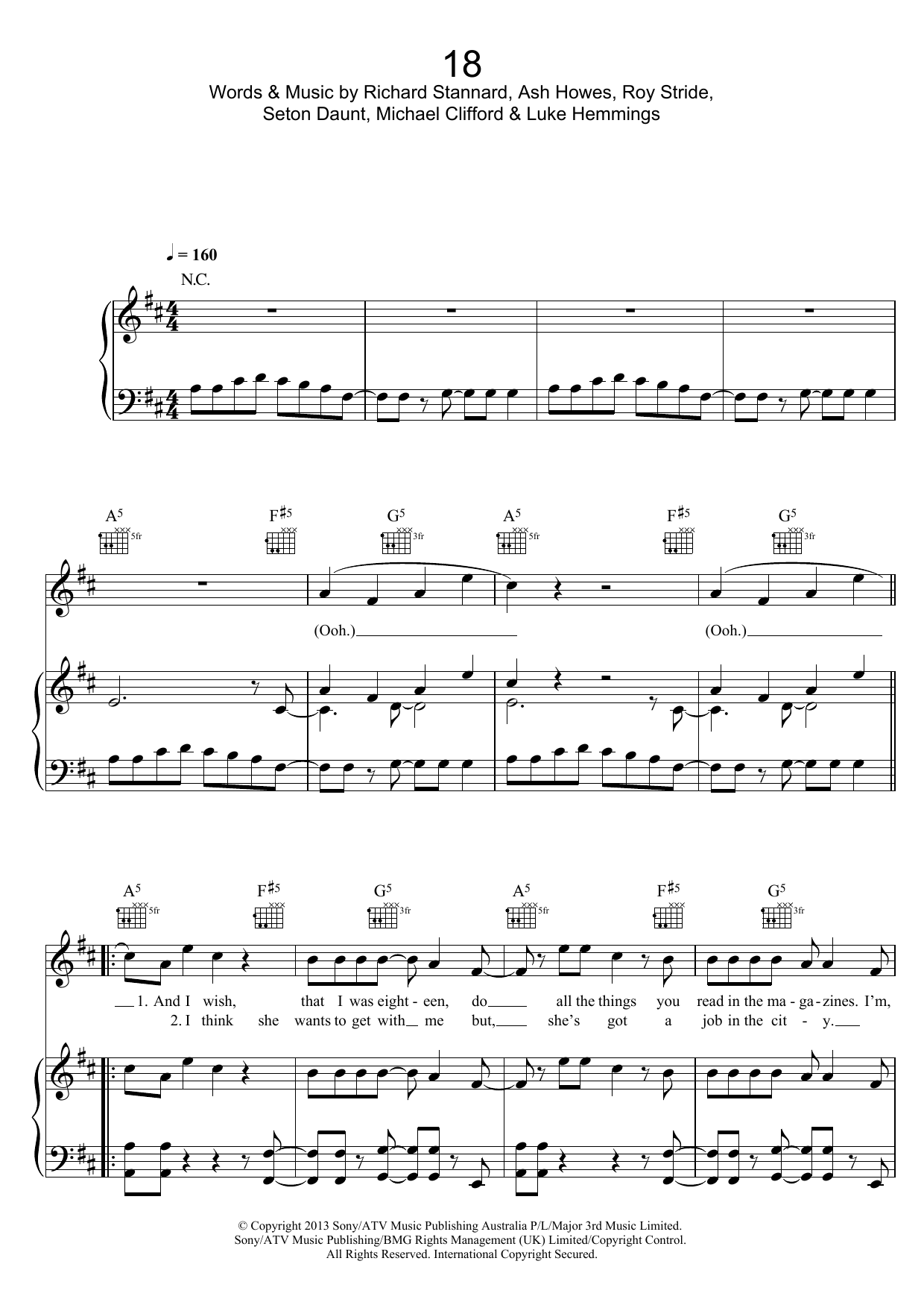 Download 5 Seconds of Summer 18 Sheet Music and learn how to play Piano, Vocal & Guitar (Right-Hand Melody) PDF digital score in minutes