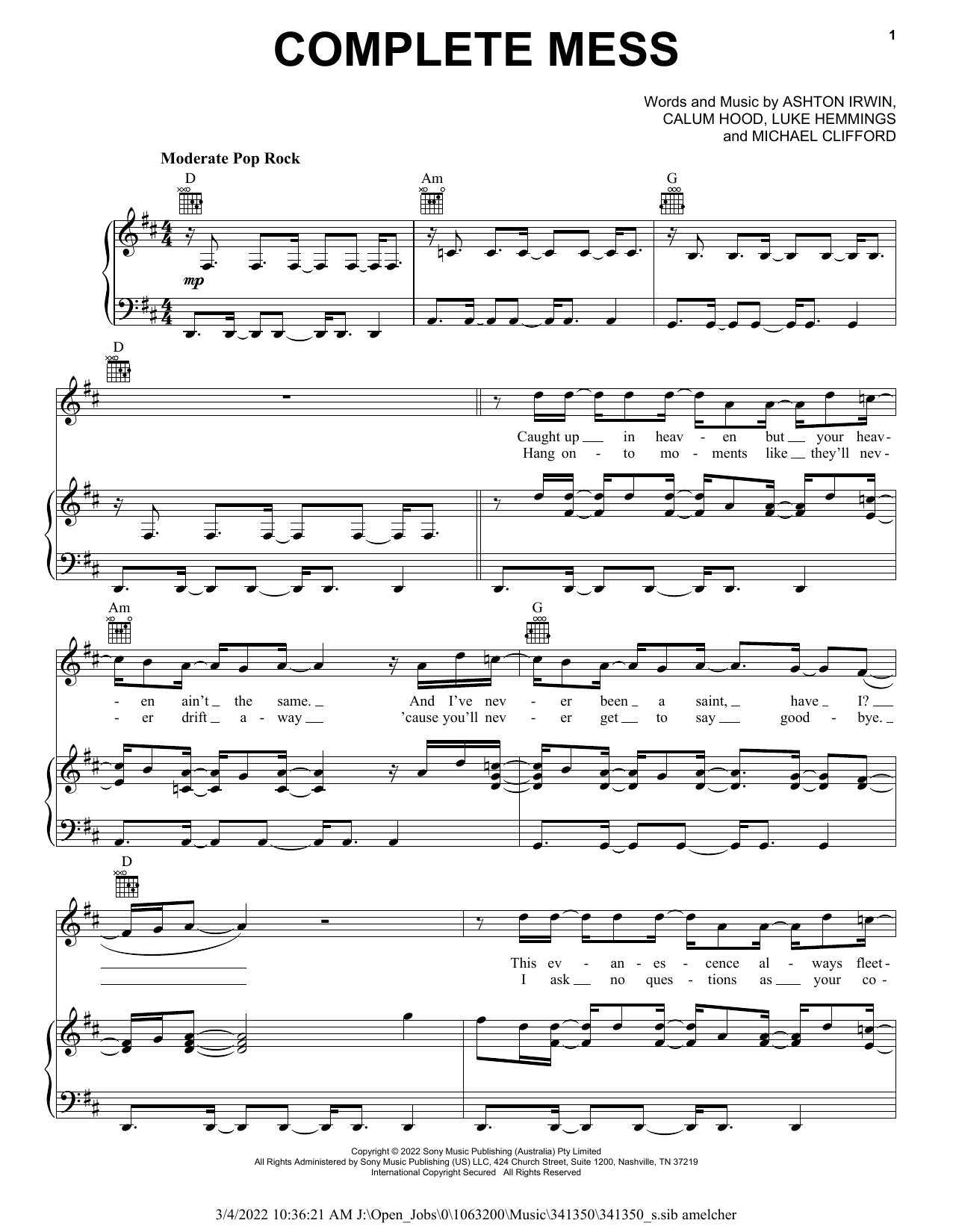 Download 5 Seconds of Summer Complete Mess Sheet Music and learn how to play Piano, Vocal & Guitar Chords (Right-Hand Melody) PDF digital score in minutes