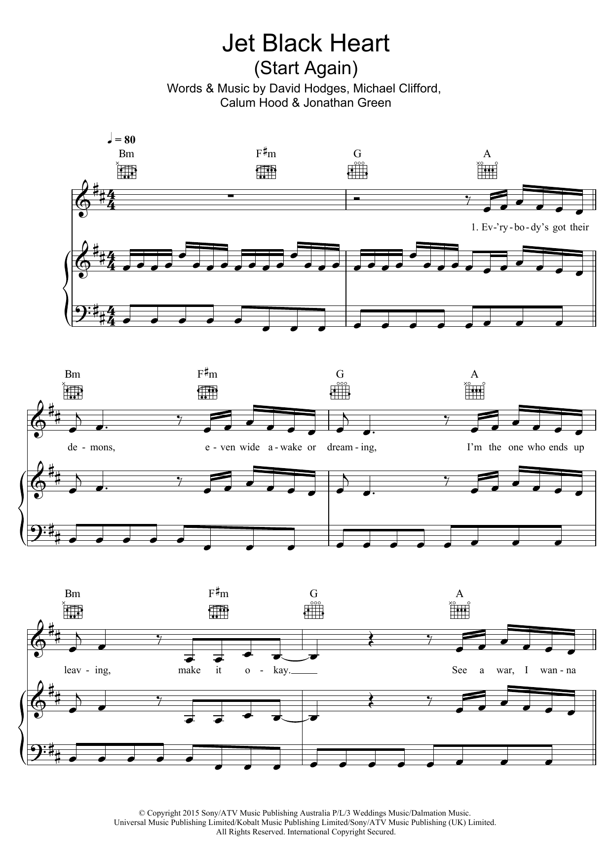 Download 5 Seconds of Summer Jet Black Heart (Start Again) Sheet Music and learn how to play Piano, Vocal & Guitar (Right-Hand Melody) PDF digital score in minutes