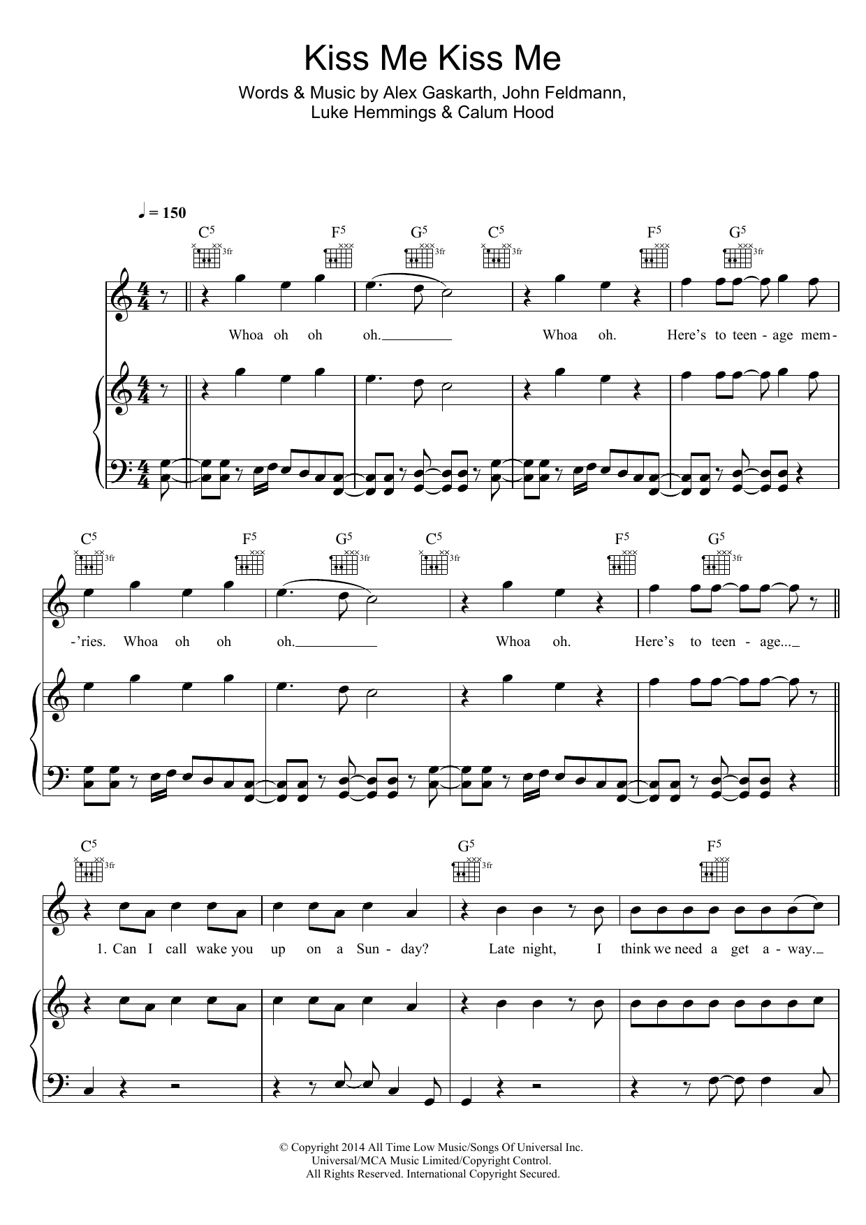 Download 5 Seconds of Summer Kiss Me Kiss Me Sheet Music and learn how to play Piano, Vocal & Guitar (Right-Hand Melody) PDF digital score in minutes