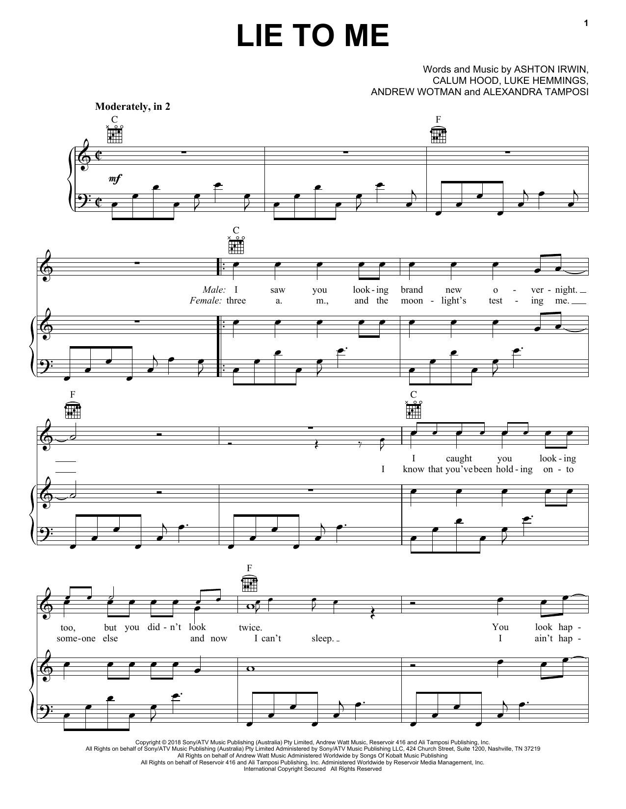 Download 5 Seconds of Summer Lie To Me Sheet Music and learn how to play Piano, Vocal & Guitar Chords (Right-Hand Melody) PDF digital score in minutes