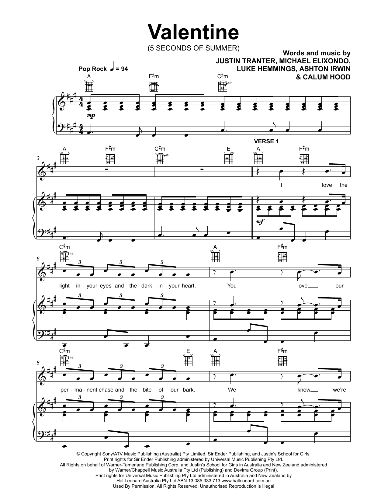 Download 5 Seconds of Summer Valentine Sheet Music and learn how to play Piano, Vocal & Guitar Chords (Right-Hand Melody) PDF digital score in minutes