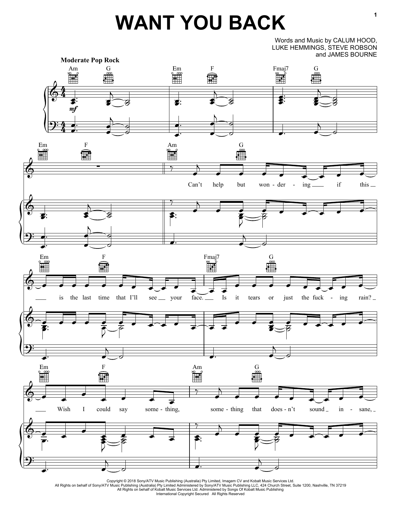 Download 5 Seconds Of Summer Want You Back Sheet Music and learn how to play Piano, Vocal & Guitar (Right-Hand Melody) PDF digital score in minutes