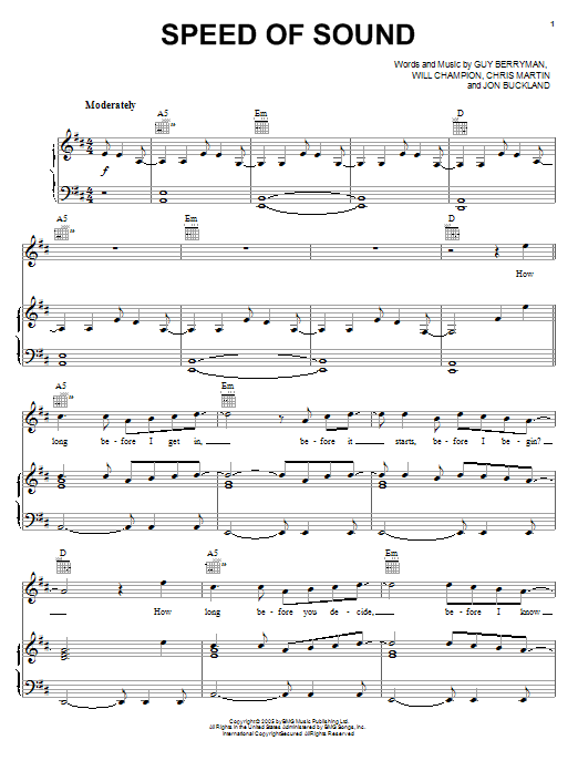 Learn to play Coldplay Speed Of Sound sheet music for Piano, Vocal & Guitar (Right-Hand Melody) in minutes. Coldplay Speed Of Sound sheet music notes and chords. Download Printable PDF.