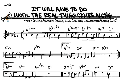 Learn to play Sammy Cahn It Will Have To Do Until The Real Thing Comes Along sheet music for Real Book - Melody & Chords - C Instruments in minutes. Sammy Cahn It Will Have To Do Until The Real Thing Comes Along sheet music notes and chords. Download Printable PDF.