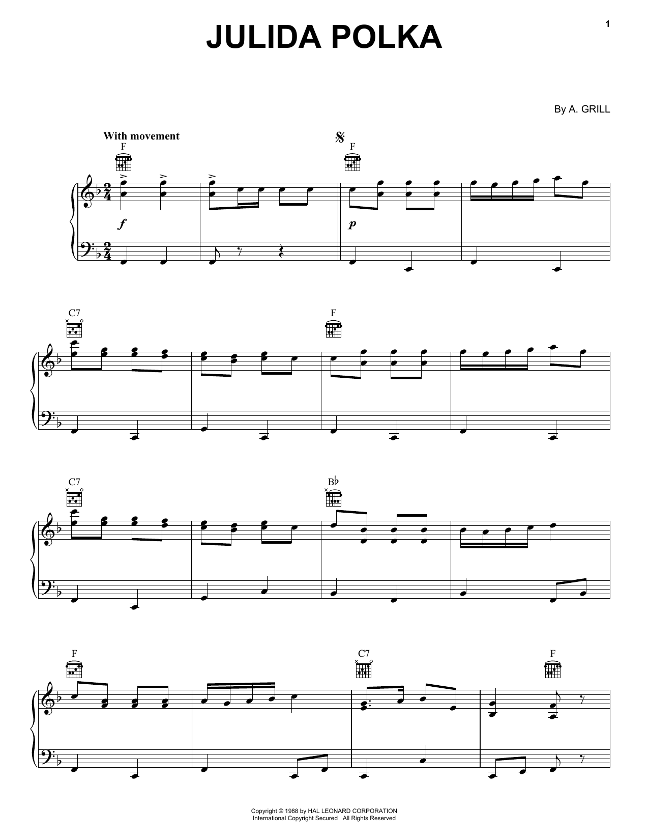 Learn to play A. Grill Julida Polka sheet music for Piano in minutes. A. Grill Julida Polka sheet music notes and chords. Download Printable PDF.