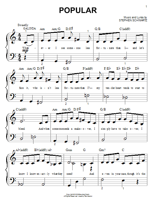Learn to play Stephen Schwartz Popular (from Wicked) sheet music for Piano (Big Notes) in minutes. Stephen Schwartz Popular (from Wicked) sheet music notes and chords. Download Printable PDF.
