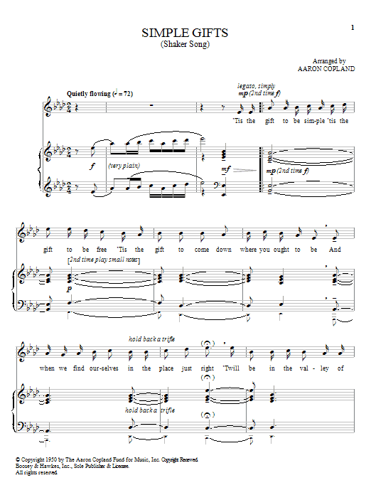 Learn to play Aaron Copland Simple Gifts sheet music for Piano, Vocal & Guitar (Right-Hand Melody) in minutes. Aaron Copland Simple Gifts sheet music notes and chords. Download Printable PDF.