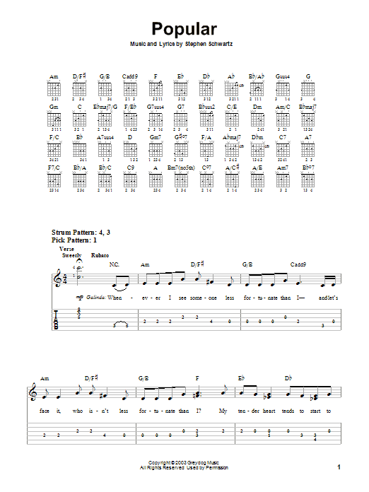 Learn to play Stephen Schwartz Popular (from Wicked) sheet music for Easy Guitar Tab in minutes. Stephen Schwartz Popular (from Wicked) sheet music notes and chords. Download Printable PDF.